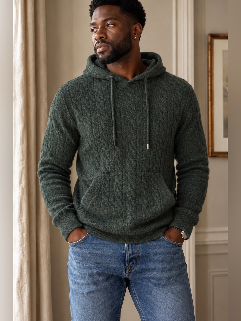 Ron Dorff Deep Forest Green Wool/Cashmere Cable-Knit Hoodie Sweater